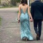 Sheath/Column V-neck Tulle Prom Dresses With Appliques
