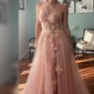 A-line One Shoulder Tulle 3D Floral Prom Dresses With Ruched