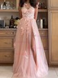 A-line One Shoulder Tulle 3D Floral Prom Dresses With Ruched