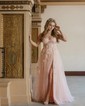 A-line One Shoulder Tulle 3D Floral Prom Dresses With Ruched