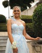 A-line One Shoulder Tulle 3D Floral Prom Dresses With Ruched