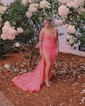 Sheath/Column Strapless Lace Corset Prom Dresses With Ruched