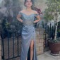 Sheath/Column Off-the-shoulder Satin Prom Dresses With Appliques