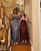 Sheath/Column Off-the-shoulder Satin Prom Dresses With Appliques