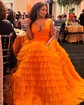 Ball Gown V-neck Tulle Ruffle Tiered Prom Dresses