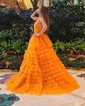 Ball Gown V-neck Tulle Ruffle Tiered Prom Dresses