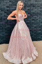 Princess V-neck Sparkly Sequin Prom Dresses With Ruched