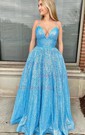 Princess V-neck Sparkly Sequin Prom Dresses With Ruched
