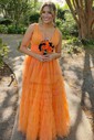 Ball Gown V-neck Tulle Ruffle Tiered Prom Dresses