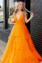 Ball Gown V-neck Tulle Ruffle Tiered Prom Dresses
