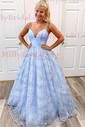 Sky Blue Ball Gown V-neck Tulle Prom Dresses With Ruched