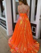 Ball Gown V-neck Sparkly Sequin Cut Out Prom Dresses