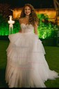 Ball Gown Strapless Tulle Ruffle Tiered Prom Dresses With Appliques