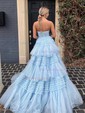 Ball Gown Strapless Tulle Ruffle Tiered Prom Dresses With Appliques