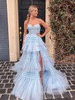 Ball Gown Strapless Tulle Ruffle Tiered Prom Dresses With Appliques