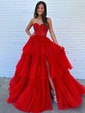Ball Gown Strapless Tulle Ruffle Tiered Prom Dresses With Appliques
