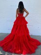 Ball Gown Strapless Tulle Ruffle Tiered Prom Dresses With Appliques