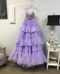 Ball Gown Strapless Tulle Ruffle Tiered Prom Dresses With Appliques