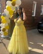 Ball Gown V-neck Tulle Corset Prom Dresses With Appliques