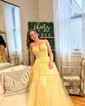 Ball Gown V-neck Tulle Corset Prom Dresses With Appliques