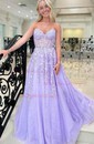 Ball Gown/Princess Sweetheart Tulle Sweep Train Prom Dresses With Appliques Lace