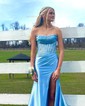 Sheath/Column Strapless Satin Corset Prom Dresses With Appliques