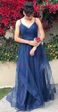 Ball Gown V-neck Tulle Ruffle Tiered Prom Dresses