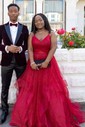 Ball Gown V-neck Tulle Ruffle Tiered Prom Dresses