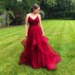 Ball Gown V-neck Tulle Ruffle Tiered Prom Dresses