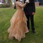 Ball Gown V-neck Tulle Ruffle Tiered Prom Dresses