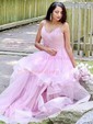 Ball Gown V-neck Tulle Ruffle Tiered Prom Dresses