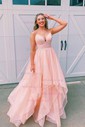 Ball Gown V-neck Tulle Floor-length Ruffle Tiered Prom Dresses