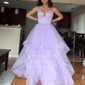 Ball Gown V-neck Tulle Floor-length Ruffle Tiered Prom Dresses