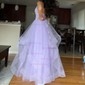 Ball Gown V-neck Tulle Floor-length Ruffle Tiered Prom Dresses