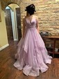 Ball Gown V-neck Tulle Floor-length Ruffle Tiered Prom Dresses
