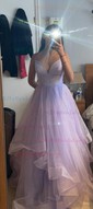 Ball Gown V-neck Tulle Floor-length Ruffle Tiered Prom Dresses