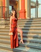 Sheath/Column Sweetheart Satin Corset Prom Dresses With Ruched