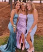 Sheath/Column Cowl Neck Silk-like Satin Floor-length Prom Dresses With Split Front