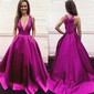 A-line V-neck Satin Floor-length Bow Prom Dresses
