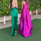 A-line V-neck Satin Floor-length Bow Prom Dresses