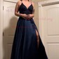 Ball Gown V-neck Satin Prom Dresses With Appliques