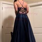 Ball Gown V-neck Satin Prom Dresses With Appliques