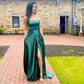 A-line Square Neck Satin Prom Dresses With Split