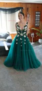 Ball Gown V-neck Floor-length Lace Tulle Prom Dresses With Floral