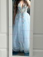 Ball Gown V-neck Floor-length Lace Tulle Prom Dresses With Floral