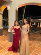 Fitted Ruched Satin Prom Dresses with Slit