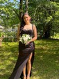 Fitted Ruched Satin Prom Dresses with Slit