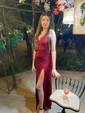 Trumpet/Mermaid V-neck Polyester Floor-length Prom Dresses With Split Front