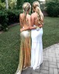 Mermaid V-neck Backless Sparkly Sequin Prom Dresses With Appliques