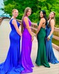 Trumpet/Mermaid One Shoulder Stretch Crepe Sweep Train Prom Dresses With Ruched